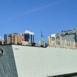 The new naval ensign flies on HMCS Halifax after the colours ceremony held in Halifax, Nova Scotia.