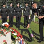 Above: Cadet Chief Warrant Officer Kristan Chung (right) of the British Columbia Regiment lays a wreath at the cenotaph in the Canadian Cemetery at Beny-sur-Mer. Attending the ceremony are, from left: Captain Leah Yauck, C/MCpl Roger Mak, C/Sgt Holly Johnson, C/Sgt Sharon Wong and C/MWO Richard Vo. Wayne Emde