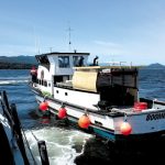 The 16-metre Boomer 1 departs the patrol craft Egret as it makes its way under escort into harbour after nearly sinking. Photo by MS Richard Loy, CFMETR