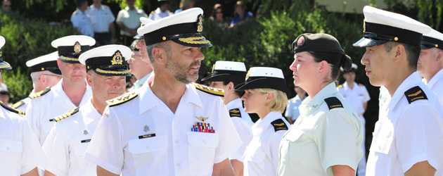 RAdm Bill Truelove reviewing the parade at the Base Commander Change of Command Ceremony held in Naden's Parade Square. Base Commander Change of Command 2012