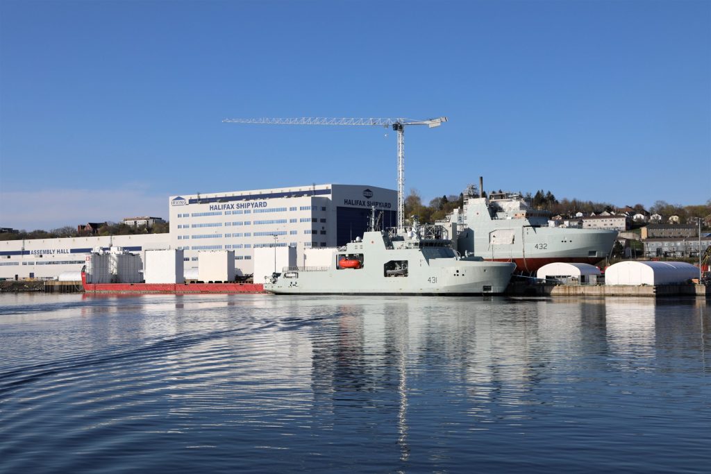 Margaret Brooke (hull 431) is seen alongside HMCS Max Bernays (hull 432) at Irving Shipbuilding’s Halifax facility. Photo courtesy Irving Shipbuilding.