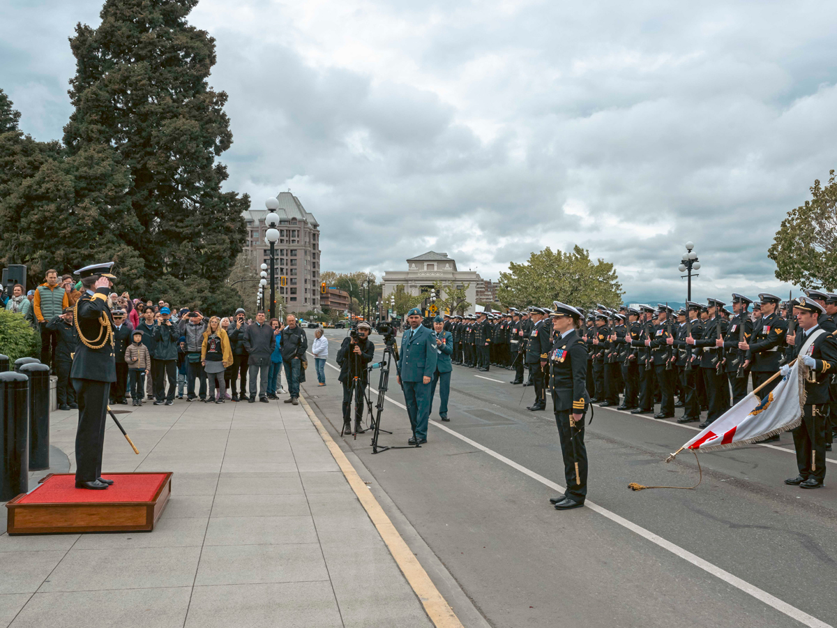 Her Royal Highness Princess Anne, The Princess Royal, Honourary Commodore-in-Chief of Canadian Fleet Pacific, salutes the Battle of the Atlantic parade at the Victoria Cenotaph. Photo: Cpl Tristan Walach, MARPAC Imaging Services.