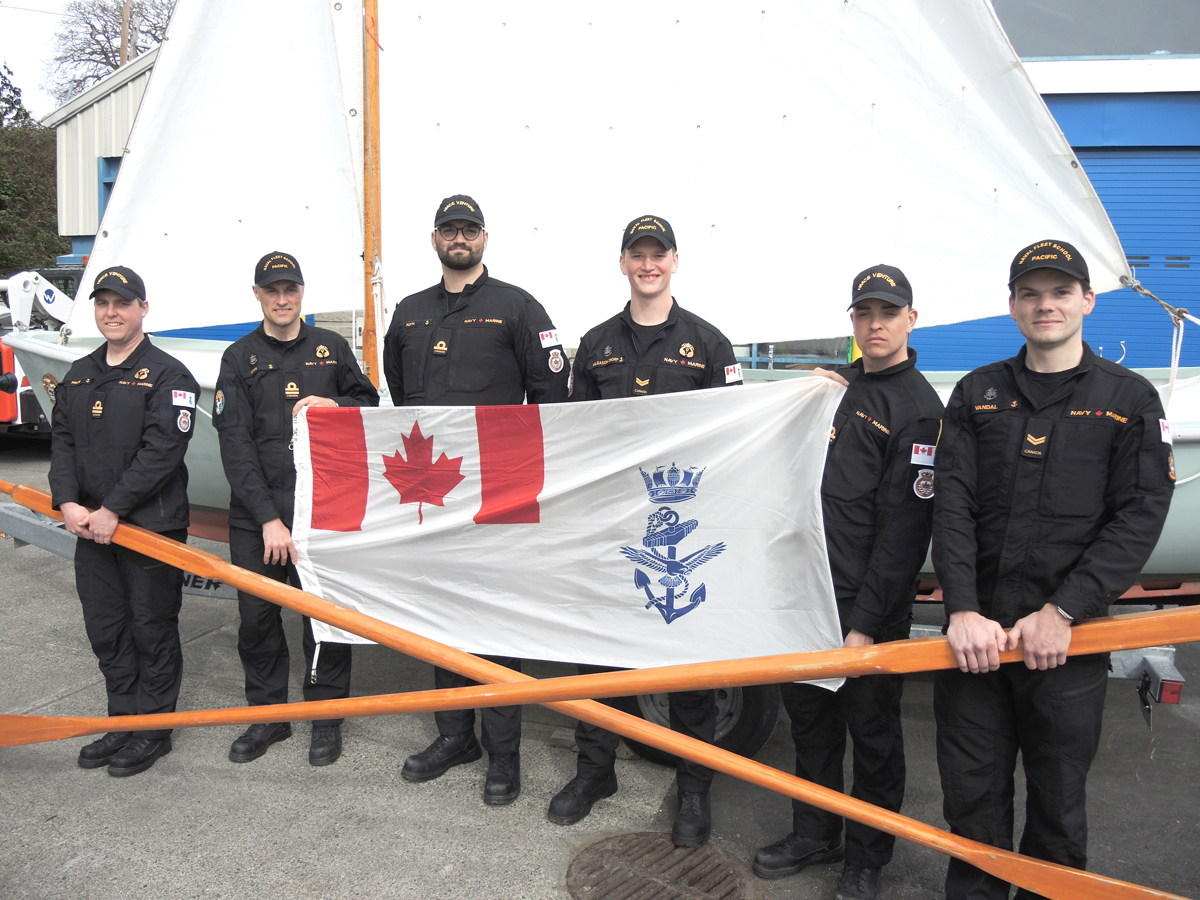 Members of the Victory Oar Duff racing team gather for a team photograph on Apr. 10 at the Seamanship Training Centre in Naden. (L-R): Lieutenant (Navy) (Lt(N)) Jeff Phillips, Lt(N) Ellery Down, Acting Sub-Lieutenant (A/SLt) Benjamin Roth, Sailor 1st Class (S1) Evan Helgason-Thorpe, A/SLt Maxwell Lucas, and S1 Maxime Vandal. Photo: Peter Mallett/Lookout Newspaper.
