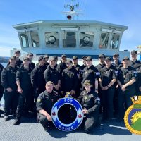 Group shot of HMCS Malahat’s Ship’s Company that participated in the Malahat Orca-Class Training Sail on the foc’sle of Orca-Class Training Vessel PCT Moose 62. Photo: Acting Sub-Lieutenant Carson Stoney.