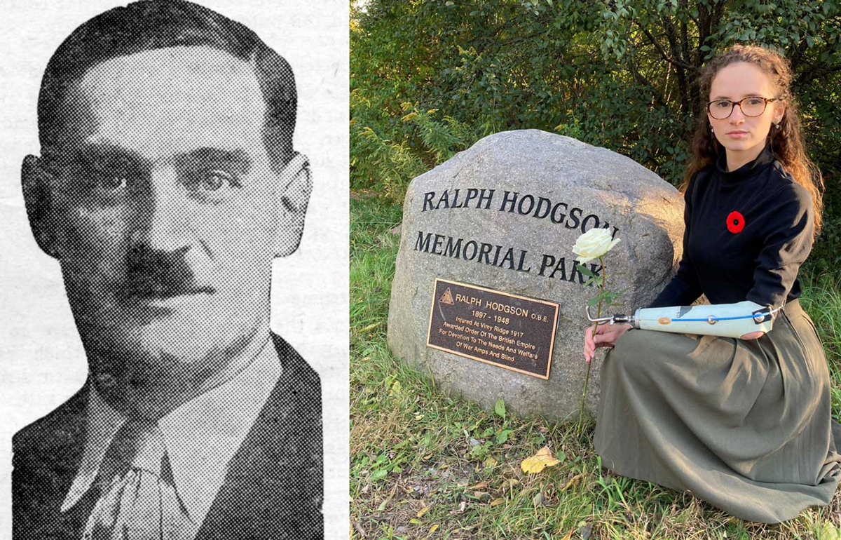 Left: Ralph Hodgson. Photos: War Amps Canada

Right: Rachel Quilty, a graduate of The War Amps Child Amputee (CHAMP) Program, pays tribute to First World War amputee veteran Ralph Hodgson at Ralph Hodgson Memorial Park in Port Hope, Ontario.