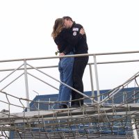 Sailor 1st Class Dante Brun-Letourneau, winner of the ship’s first kiss, greets his partner, Nadia, at the brow of the ship as the first to disembark HMCS Vancouver on Dec. 5. Photo: Sailor 1st Class Koller