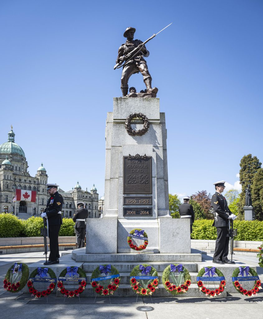 Wreaths of respect and rememberance laid at the cenotaph in front of the British Columbia Parliament Building on May 4. Photo credit: Sailor Third Class Lucas Augustyn, MARPAC Imaging Services