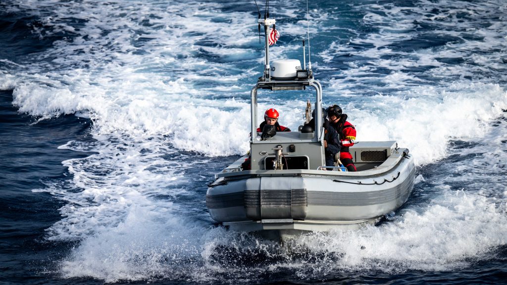 Sailors of HMCS Harry DeWolf conduct person overboard training in a Multi-Role Rescue Boat (MRRB) during Operation CARIBBE Photo Credit: Corporal Denny Dubs