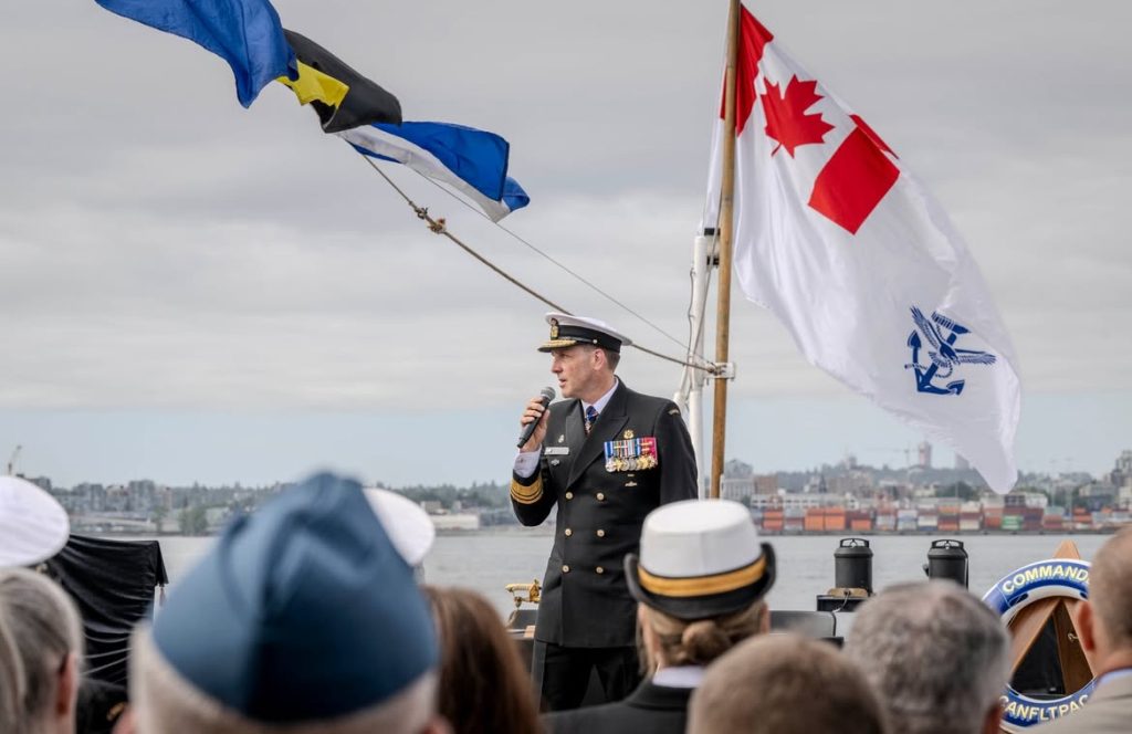 Vice-Admiral Angus Topshee, Commander, Royal Canadian Navy, gives his address at the Battle Honour ceremony. Photo Credit: Corporal Conor R.G. Munn, Canadian Armed Forces Imagery Technician