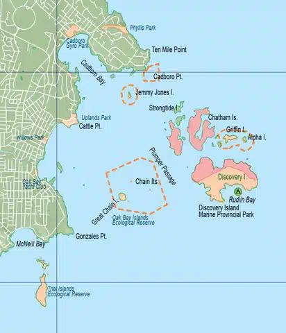 A map of Vancouver Island’s Cadboro Bay where Jemmy Jones Island can be located (below Phyllis Park and above Plumper Passage.) Photo credit: Wild Coast Publishing