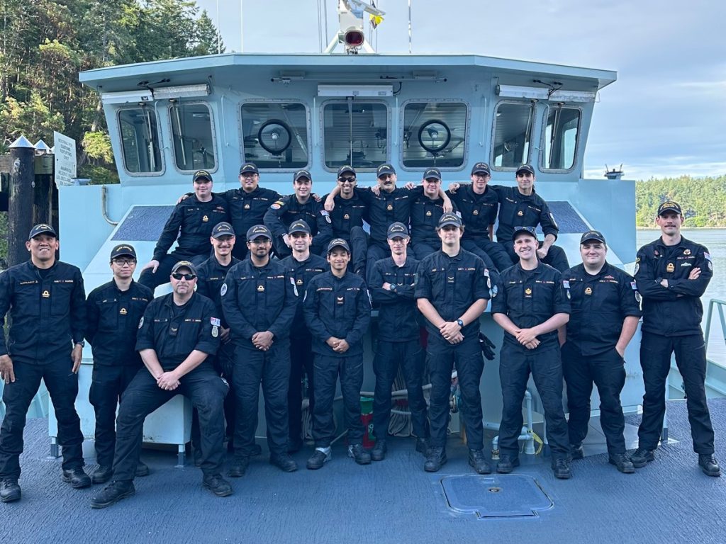 Members of the Canadian Naval Reserve (NAVRES) pose for a group photo during the Naval Warfare Officer (NWO) Basic Pilotage Sea Phase. Photo supplied.