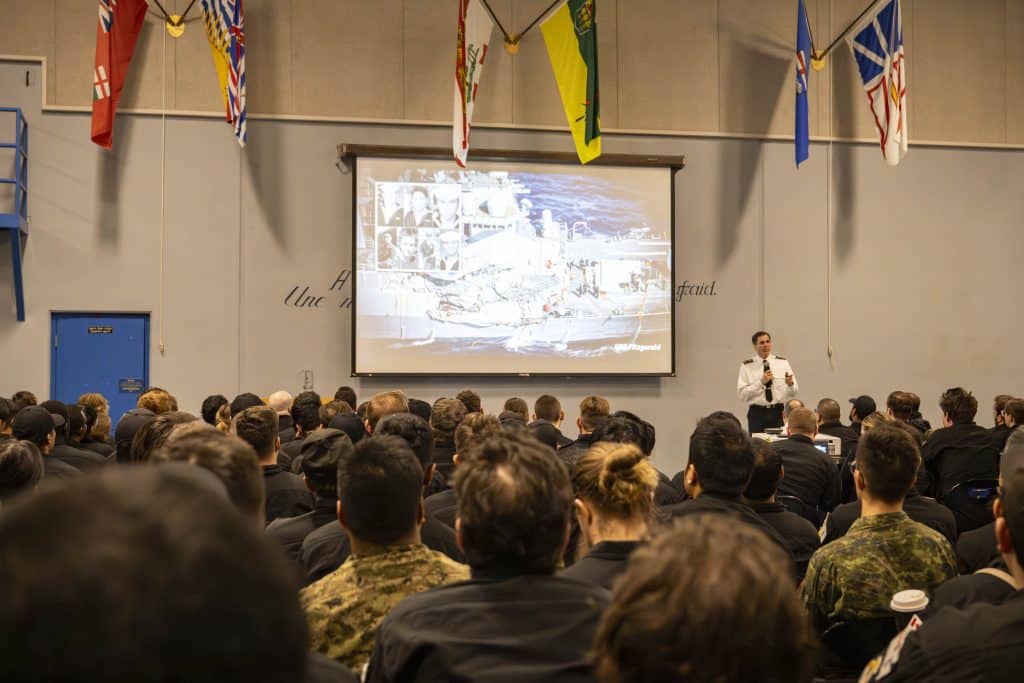 Vice-Admiral Angus Topshee, Commander of the Royal Canadian Navy (CRCN) speaks to members of the RCN during the Town Hall held on Feb 3. Photo: Sailor 1st Class (S1) Jordan Schilstra, MARPAC Imaging