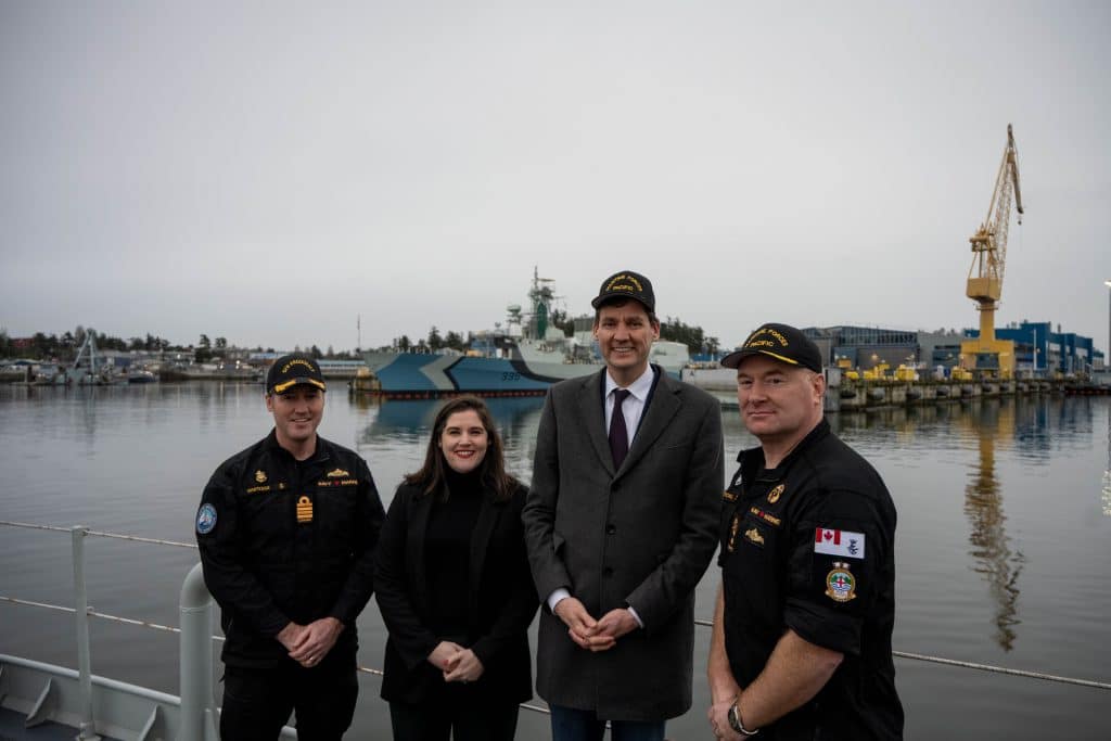 Premier David Emy during a tour of Canadian Forces Base (CFB) Esquimalt while accompanied by Rear-Admiral (R-Adm) David Patchell, Commander Maritime Forces Pacific/Joint Task Force Pacific and Captain(Navy) (Capt(Navy)) Kevin Whiteside, Commander of CFB Esquimalt, on Dec 11, 2025. Photo: Sailor 1st Class (S1) Kyle Maguire, MARPAC Imaging