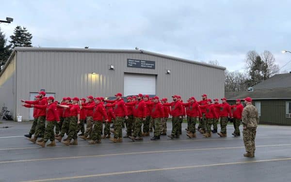 A photo of Canadian Ranger Basic Military Indoctrination (CRBMI) candidates practicing drill. Photo: Canadian Ranger Seargent (Sgt) Chris Buker.