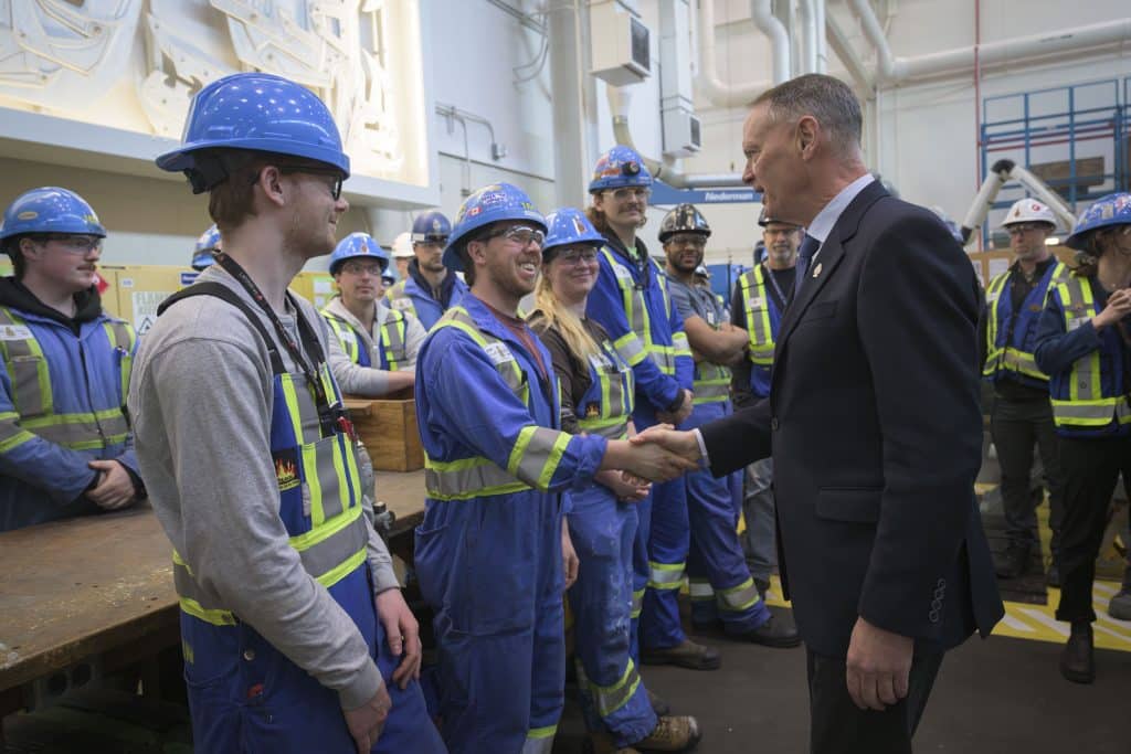 The Honourable David McGuinty, Minister of National Defence (MND) meets with members of Fleet Maintenance Facility (FMF) Cape Breton during a visit to Canadian Forces Base (CFB) Esquimalt on Feb 19. Photo: Sailor 1st Class (S1) Jordan Schilstra, MARPAC Imaging