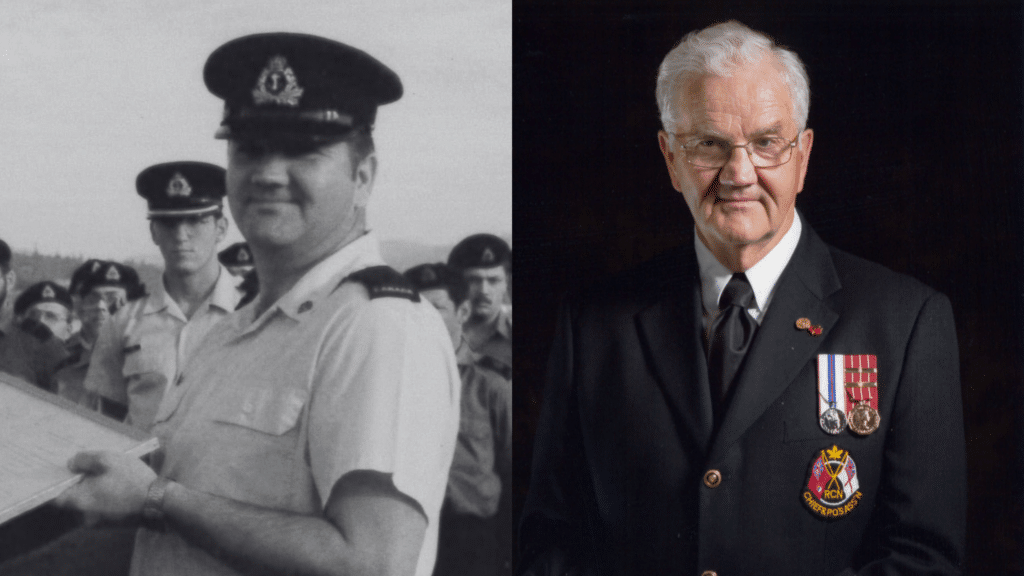 William (Bill) McIntyre during his years of service (on left) and a formal portrait taken in 2016 (on right). Photo on left supplied, photo on right captured by John W Penner.