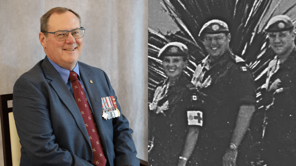 Left: A photo of veteran Ross Fetterly. Photo compliments of Broadmead Care.
Right: Ross Fetterly (centre) as part of a group photo of the 2000/2001 cohort of the Logistics Battalion of the Canadian Contingent, United Nations Disengagement Observer Force. Photo supplied and cropped for clarity.